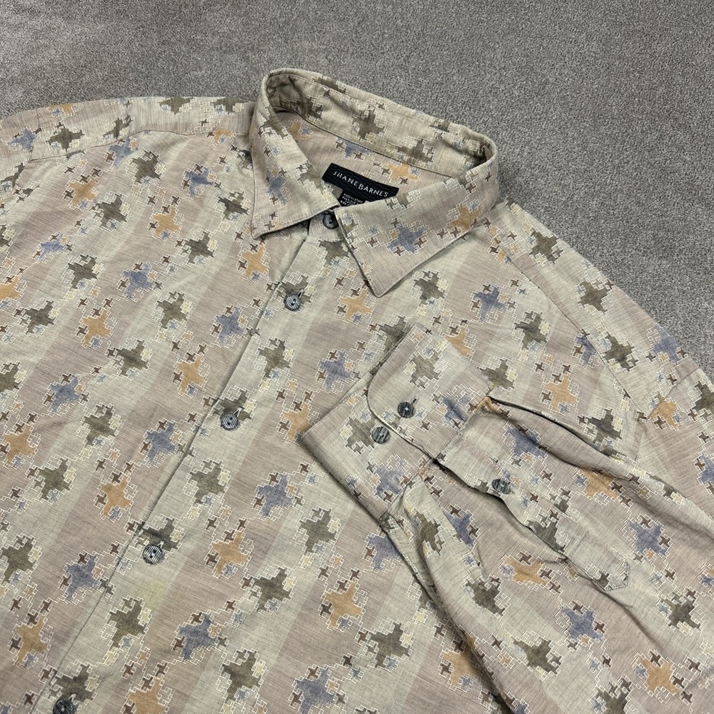 Jhane Barnes Shirt Men 2XL Button Up Tan Abstract Casual Cotton Long Sleeve